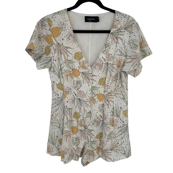 MINKPINK Wild Coast Romper White Yellow Green Floral V-Neck Bohemian Casual M - Picture 2 of 9
